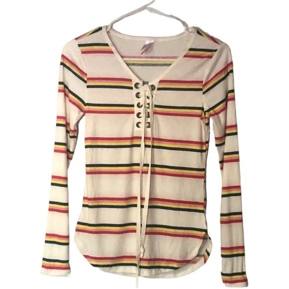 No Boundaries Junior Long‎ Sleeve Lace Up White Striped Henley Small 3-5